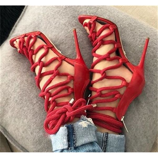 

you'll see rope stiletto gladiator jump courtside braided ribbons lace knot to cross straps sandals bottines zut9, Black