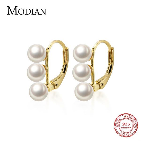 

hoop & huggie modian authentic 925 sterling silver luxury gold color pearl earring for women fashion wedding engagement statement jewelry, Golden;silver