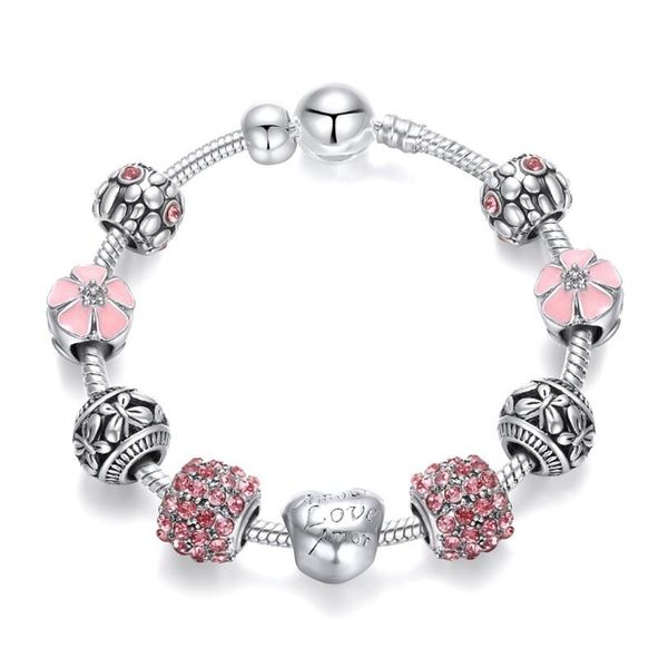 

yanhui new trendy 925 silver beads charms bracelet pink flower floral crystal charm bracelet bangle women fashion jewelry 201209, Black