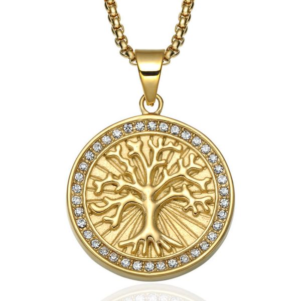 

new mens hip hop gold plated round tag tree of life pendant necklace iced out crystal stainless steel jewelry q1209, Bronze;silver