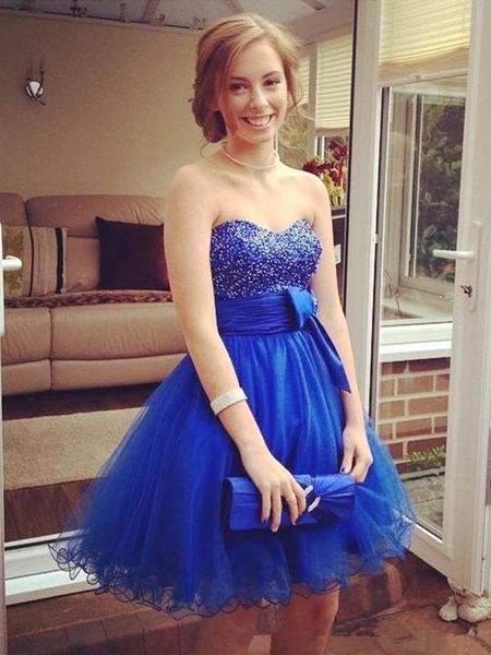 

royal blue short homecoming dresses sweetheart beaded bow sash graduation party gowns a line girls' cocktail vestidos, Blue;pink