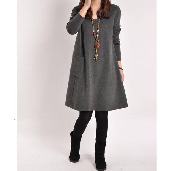 

2021 autumn dress women winter long sleeve pocket dress solid o neck loose party dresses fashion vestidos plus size s 4xl, Black;gray