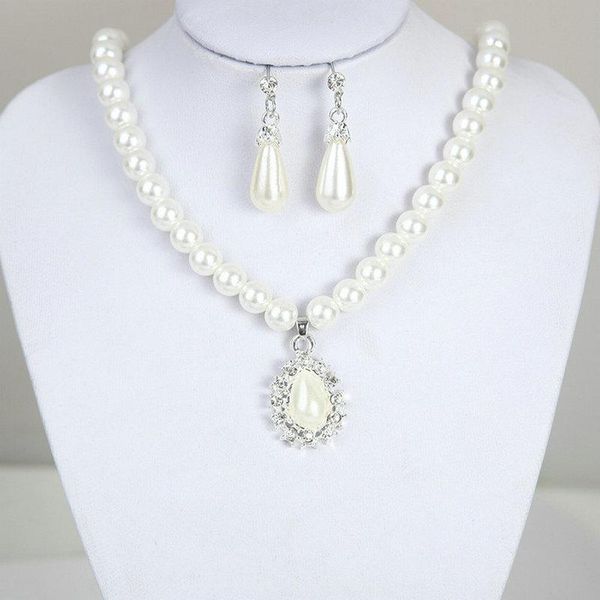 

gb 3pcs full pearl jewelry set fashion pearl necklace stud earrings sets for bride women wedding factory wholesale, Silver