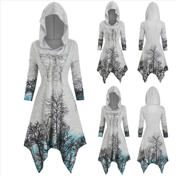 

работы урожай с капюшоном нерегулярное платье мода женщины большой код дерево посеть печать френулума длинные рукава платье jurken grote mat, Black;gray