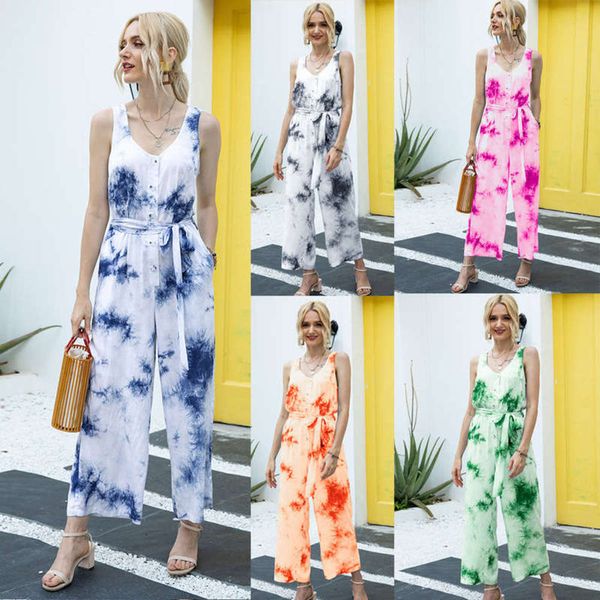 

2020 tie dye jumpsuit casual summer waist closing one-piece pants for women, Black;gray