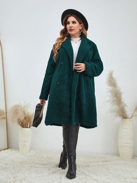 

plus lapel neck double breasted teddy coat 09jd#, Black