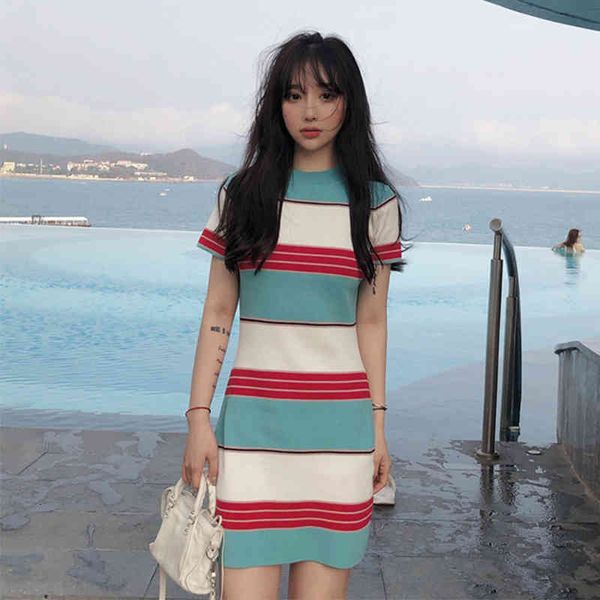 

knitwear summer pullovers striped short sleeve o-neck korea casual knit dress elegant ladies mini bodycon dress clothes, Black;gray