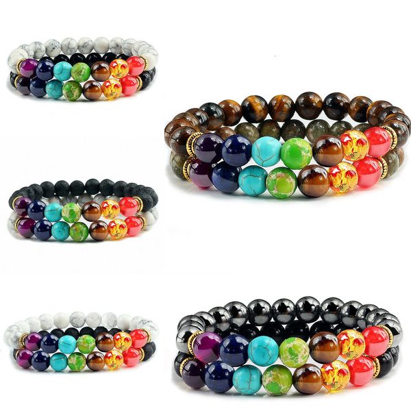 

bracelets 2pcs/set 7 natural stone chakra tiger eye black lava beads healing balance strand bracelet bangle reiki buddhalgzq