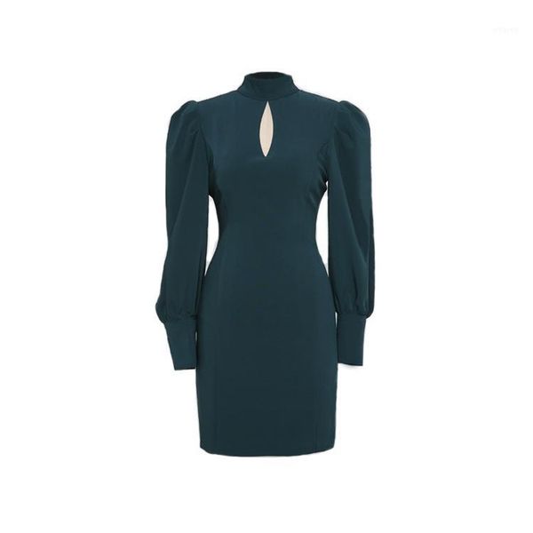 

2019 new autumn vintage women puff sleeve stand neck slim socialite lanterns dress dresses 1961, Black;gray