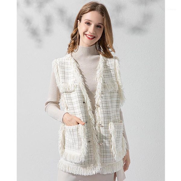 

women sleeveless vest warm british style jacket female waistcoat vest spring autumn metal wire floating line fringed coat1, Black;white