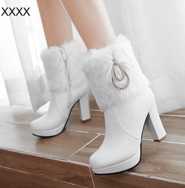 

size 35 to 43 beige thick heel fur boots bridal wedding shoes ankle booties luxury designer women boots, Black