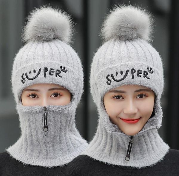 

beanie/skull caps super letter hat women's autumn and winter knitted ear protection woolen cap mask velvet beanie bib, Blue;gray