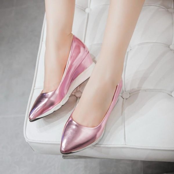 

new spring autumn metallic color pointed toe pink silver gold wedges women shoes1, Black