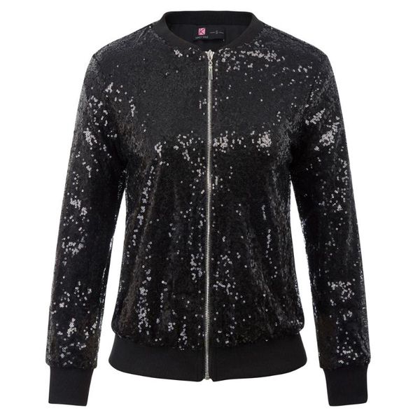 

kk women sparkling sequins baseball jacket coat long sleeve stand collar zip-up zipper fastening front long sleeve, Black;brown
