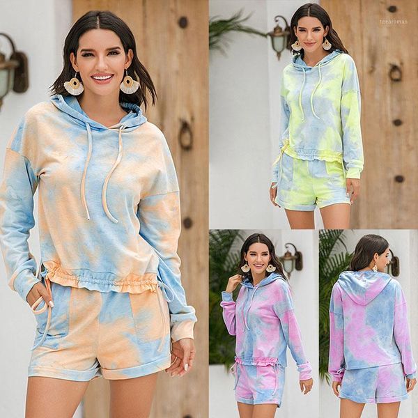 

tie-dye printing ladies two-piece suit fashion hooded long-sleeved shorts women sweatshirt set 2020 autumn winter sweatsuit1 two piece, White
