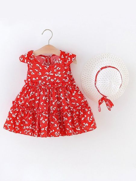 

baby floral print ruffle hem dress she, Red;yellow