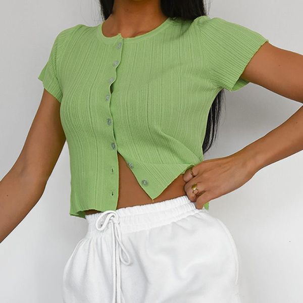 

summer women tee slim fit short sleeve button t shirt casual plain clothes high waist cardigan split sweet crop top, White