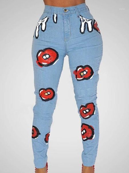 

denim skinny jeans woman high waisted plus sized pencil pants blue appliques lips 3xl fashion stretch elastic streetwear1