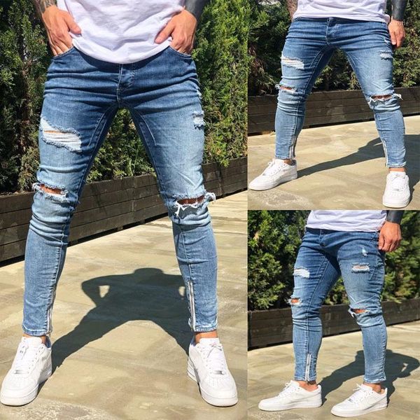 

men new hip hop ripped casual jeans denim hole destroyed ankle jeans stretch small feet1, Blue