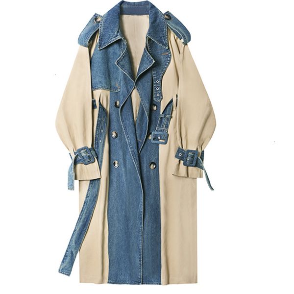 

lanmrem new turn-down collar full sleeves denim patchwork kahki color contrast waist belts female windbreaker wj29404l 201016, Black;brown