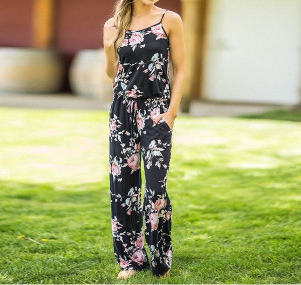 

women spaghetti strap floral print romper jumpsuit sleeveless beach playsuits boho summer jumpsuits long pants 3 colors ooa4330, Blue