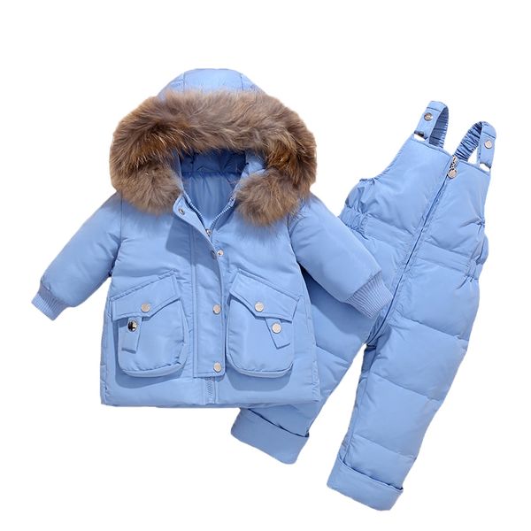 2 pcs conjunto de inverno para baixo jaqueta para menina e meninos macacão de bebê para crianças real colarinho de pele quente menino macacão para infantil 0-3years lj201125