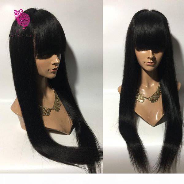 

100% malaysian virgin hair full fringe wig human hair glueless full lace wig with bangs bleached knots for black women, Black;brown