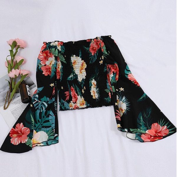 

2020 chiffon slash neck floral off shoulder blouse female women blouse shirts1, White