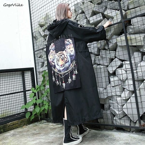 

new spring tiger patch trench coat hooded straps women black long casual design ribbons windbreaker pins plus size lt644s50 201102, Tan;black
