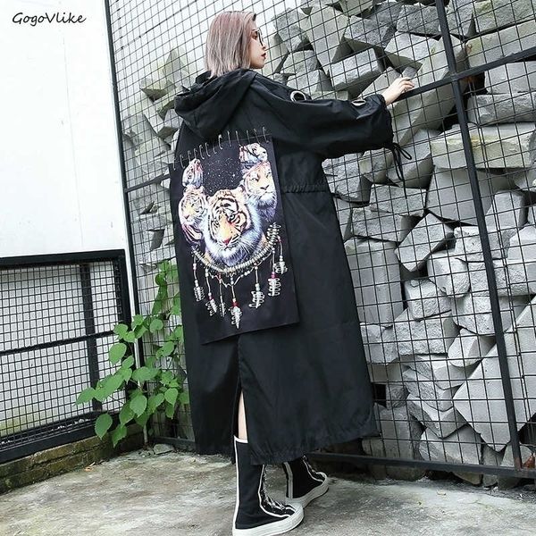 New Spring Tiger Patch Trench Past Cooded Relds Женщины Черный Длинные Повседневные Дизайн Ленты Ветровка Pins Plus Размер LT644S50 201102