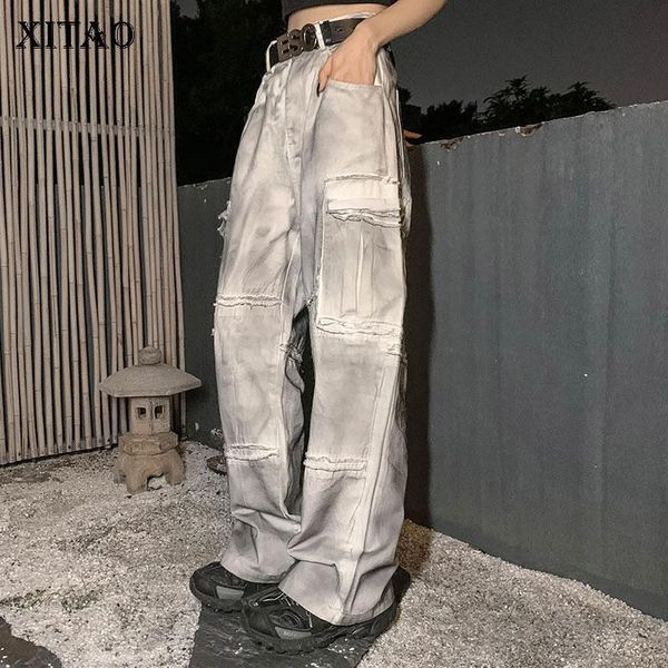 

xitao tie dye vintage pockets ripped jeans women 2020 winter casual fashion new style temperament all match women clothes zy2786, Blue