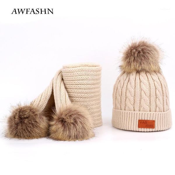 

raccoon fur pompom children's knit hat scarf 2 pieces set winter boy girl brand soft cap scarves baby thicken kids wool cute new1, Blue;gray