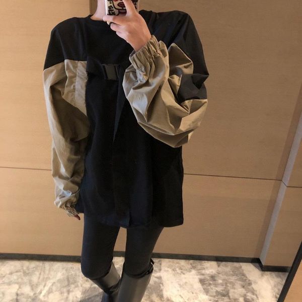

women's hoodies & sweatshirts sweatshirt loose fashion trend buckle strapping machine casual streetwear lantern sleeve patchwork locomo, Black