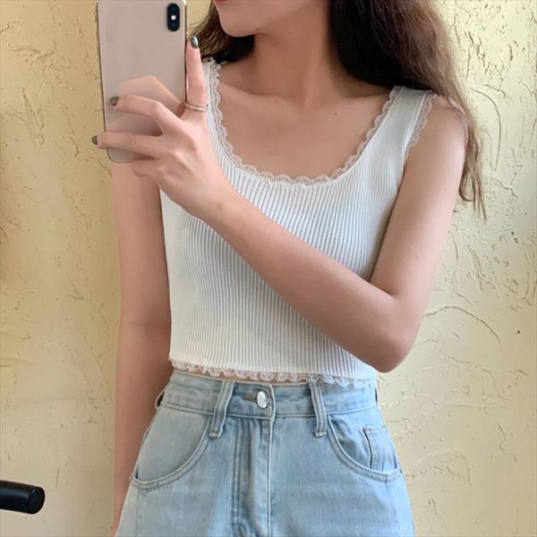 

lace trim tank solid color knit bottoming vests fashion trendy womens camisoles crop top, White