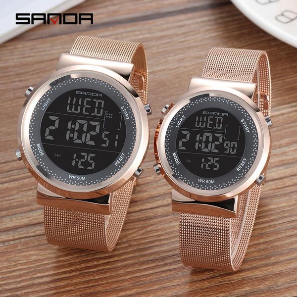 

sanda мужские спортивные часы моды пары часы из нержавеющей стали сетка ремень водонепроницаемый календарь хронограф часы relogio masculino, Silver