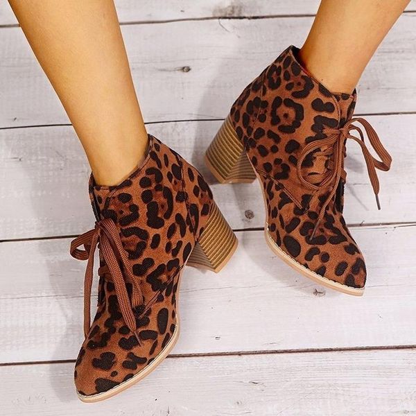 

boots 2021 winter women's fashion lace-up short cross straps pointed high heel leopard-print suede ankle botas mujer, Black