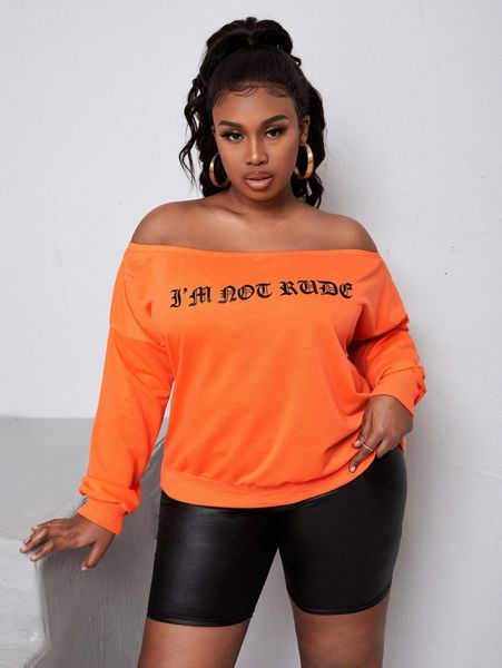 

sxy plus slogan graphic off shoulder pullover a2jg#, Black