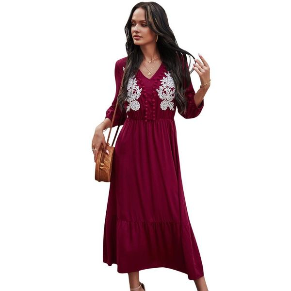 

vestido mujer spring summer dress women vintage boho dress red maxi long dresses womens elegant lace patchwork v-neck 2021, Black;gray