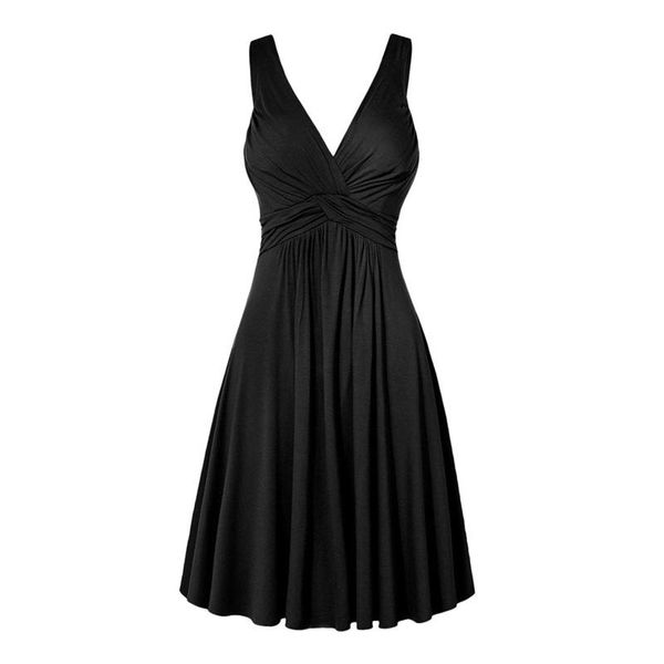 

casual dresses women's deep v-neck elegant large size sleeveless slim horn solid color pullover strap stitching ruffled ladies dress gi, Black;gray