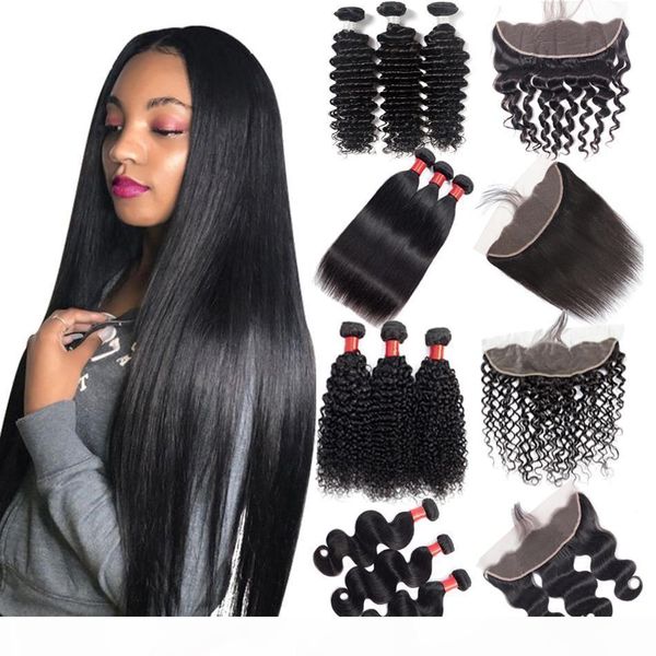 

brazilian deep wave virgin human hair bundles with frontal 13x4 ear to ear lace closure with bundles remy body wave silky straight hai, Black;brown