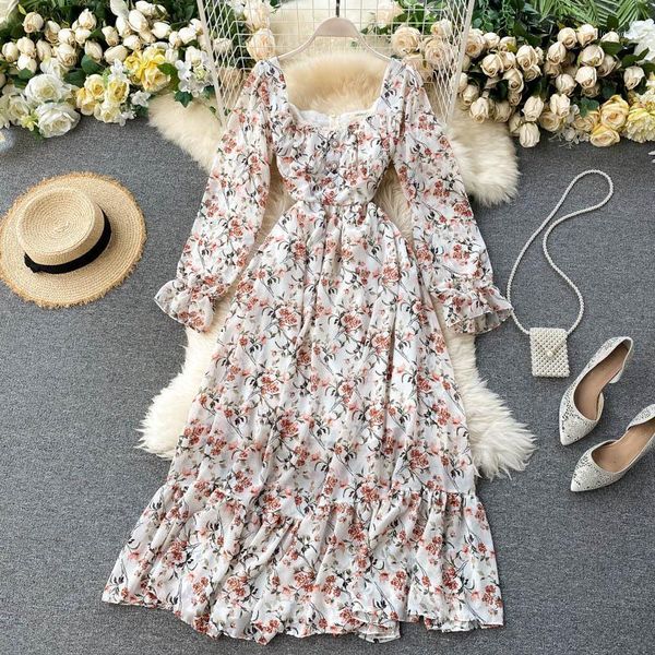 

casual dresses women vintage floral printed long robe 2021 spring autumn square collar sleeve party ladies elegant beach dress1, Black;gray