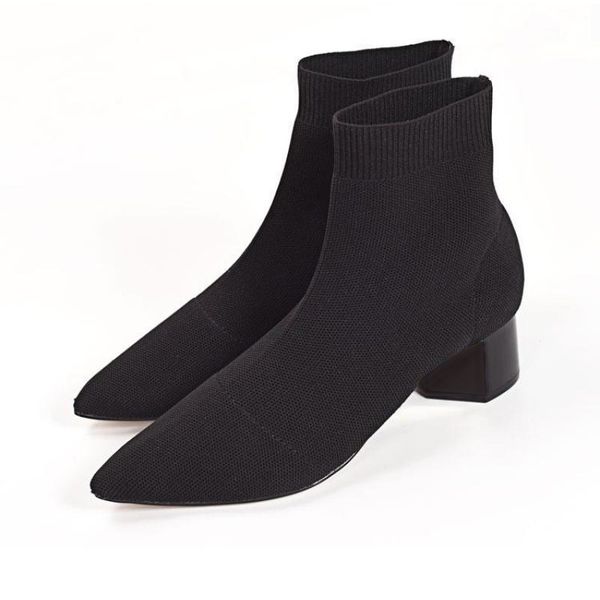 

2021 new women knitting elastic autumn sock boots square middle heels pointed toe short boot ladies casual fashion shoes 1 xrqg, Black