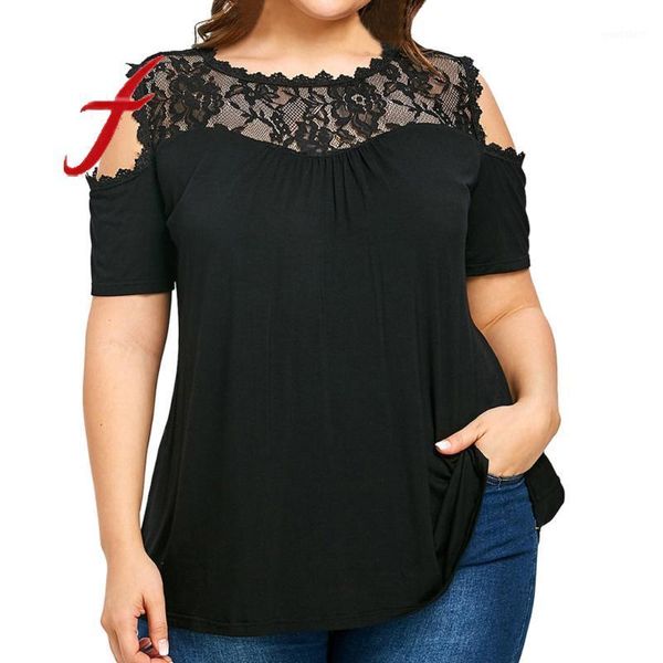 

feitong fashion womens blouses plus size cold shoulder strapless lace short sleeve shirt women clothes blusas mujer de moda1, White