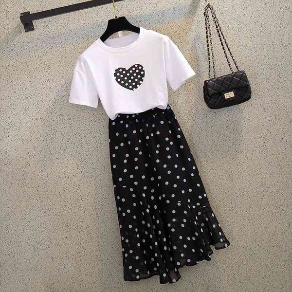 

summer all-matching lady o-neck short sleeve sweet love printing and polka dot mermaid skirt 2 piece set women, Gray