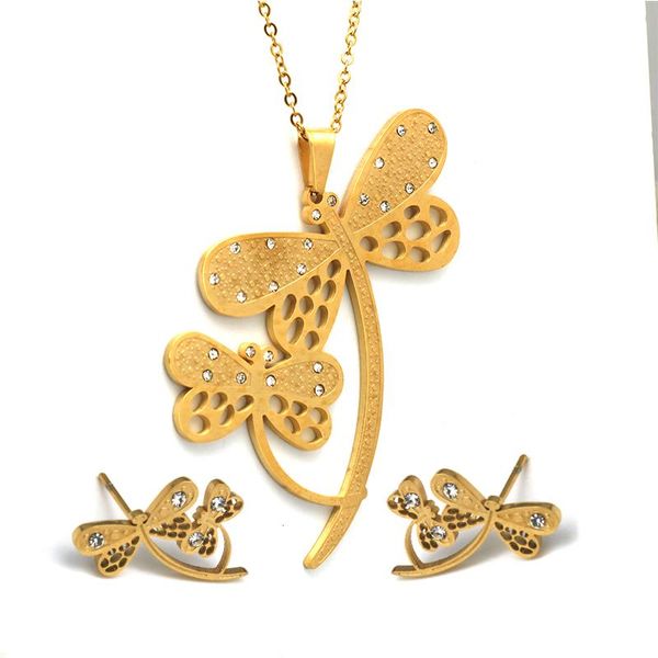 

women engagement wedding doubble dragonfly jewelry set gold color stainless steel rhinestone necklace & earrings sets, Silver