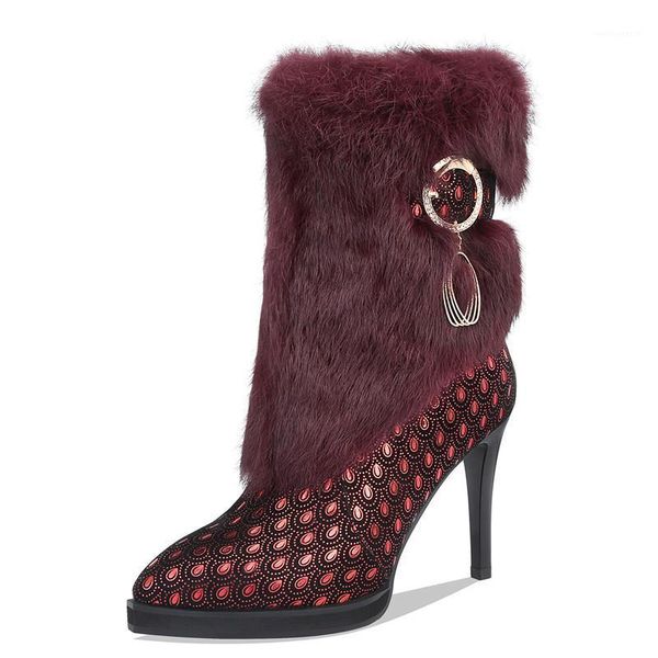 

new leather cashmere printed hair pointy ankle boots platform high heeled zip women shoes metal decoration pointed boots1, Black