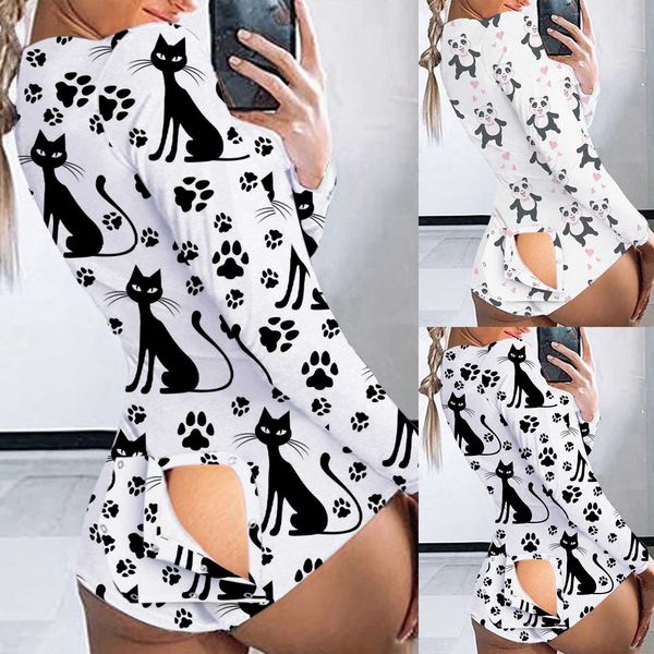

onesies women's cat prints back front functional v-neck buttoned flap jumpsuit adults playsuit rompers pajamas sleepwear d4, Black;white