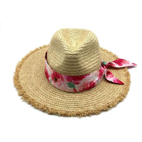 

girls solid natural tassel brim panama raffia straw hat women summer beach hats floral printed band fedora raffia straw hat1, Blue;gray