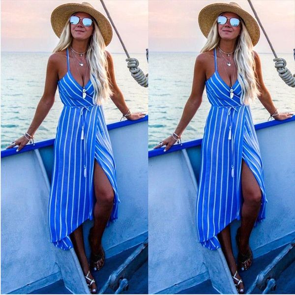 

2019 новый летний мода богемные летние полосатые полосаты без рукавов глубоко v-шеи высокой талии лодыжки длиной платье сарафан, Black;gray