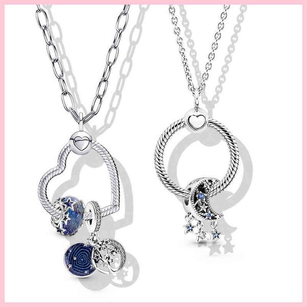 

925 silver moon & star galaxy tree dangle charm heart shape o pendant necklace for moment charms original diy jewelry
